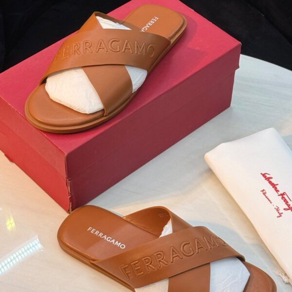Ferragamo Logo-Embossed -Cross Leather Slides (Tan)